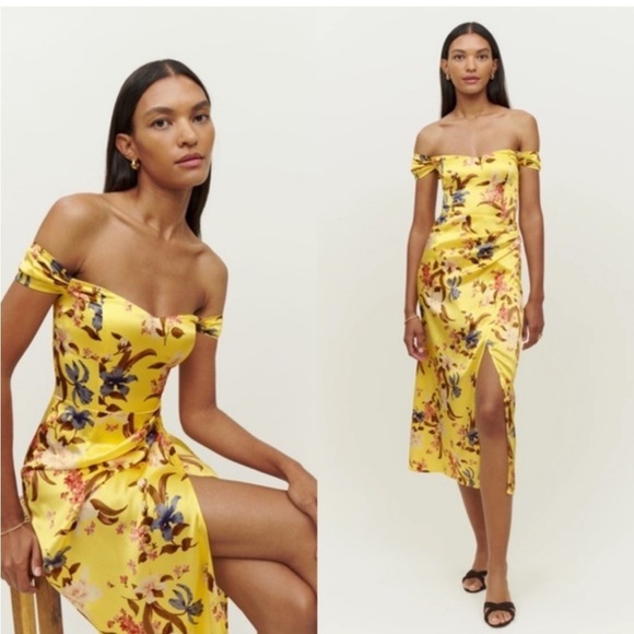 Reformation Genesis Silk Midi Dress sz: 8 Yellow Lei Floral Off Shoulder Party - Picture 1 of 6